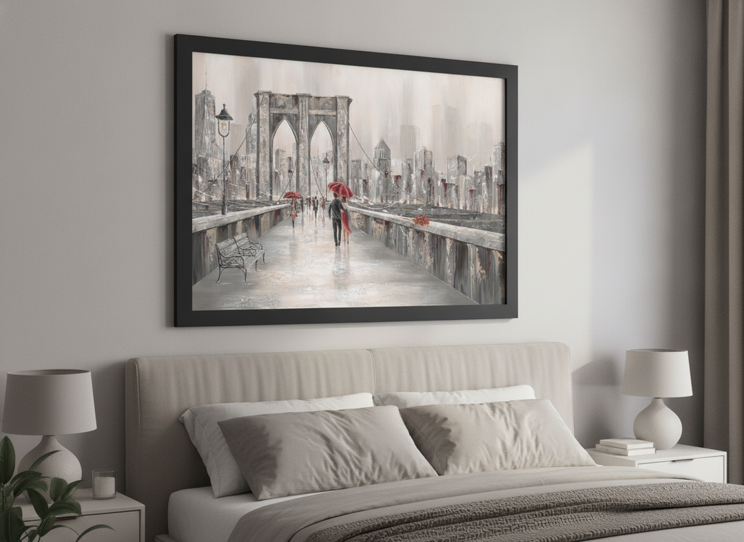Minimalist artwork displayed in a calm, light-filled bedroom interior