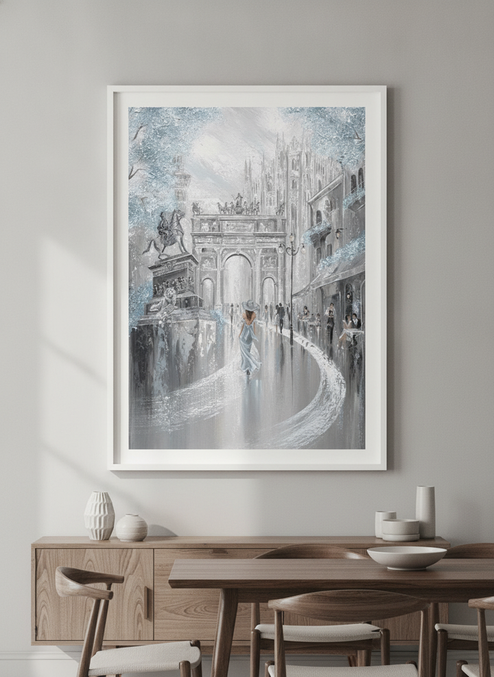 Wall art styled above a dining table in a contemporary home