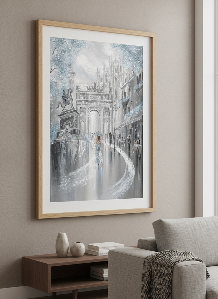 Modern wall art styled above a sofa in a neutral living room
