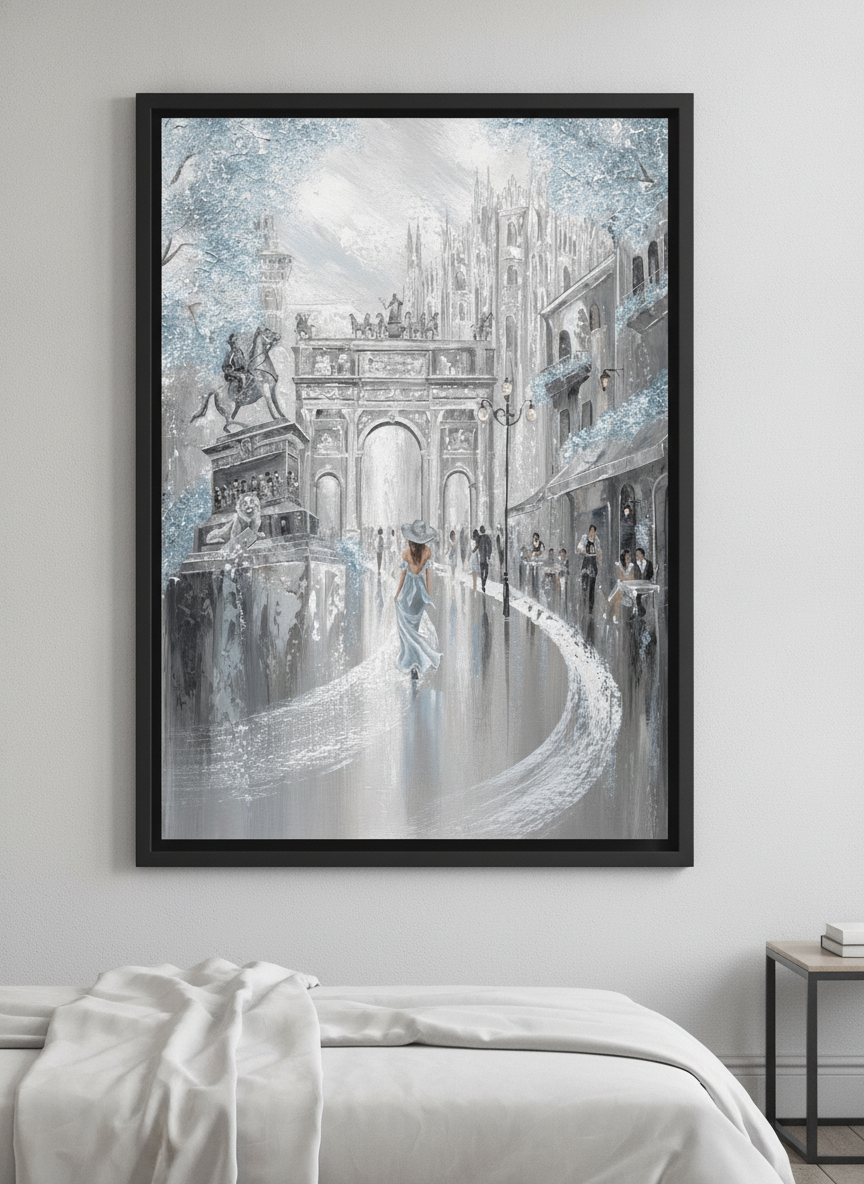 Minimalist artwork displayed in a calm, light-filled bedroom interior