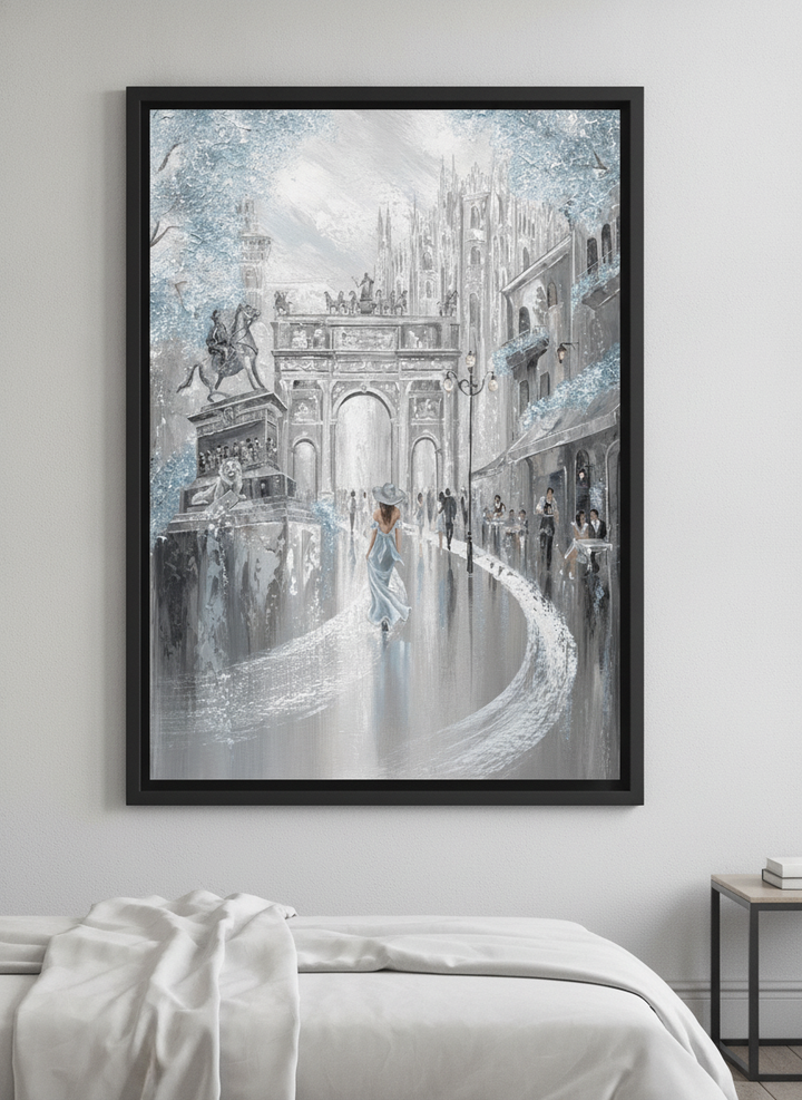 Minimalist artwork displayed in a calm, light-filled bedroom interior