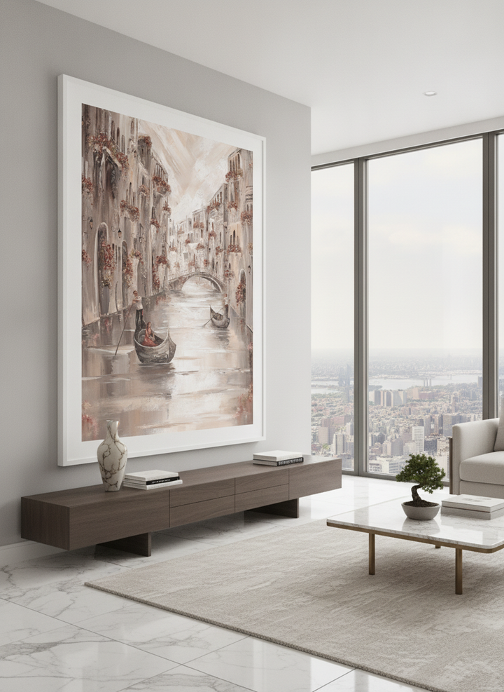Monumental artwork centred on a feature wall in a luxe interior