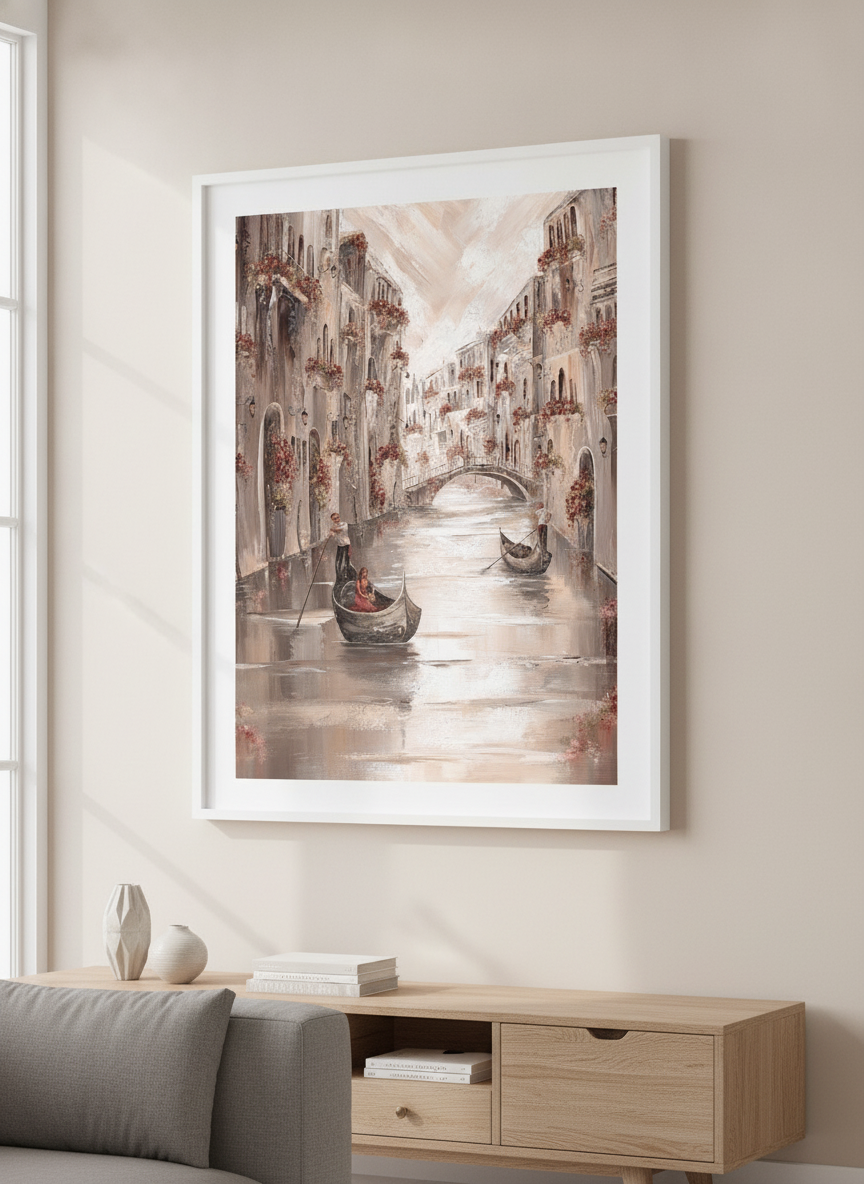 Modern wall art styled above a sofa in a neutral living room