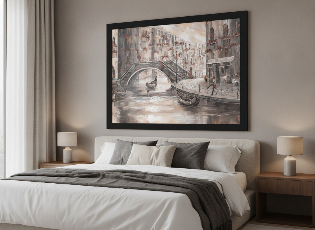 Minimalist artwork displayed in a calm, light-filled bedroom interior