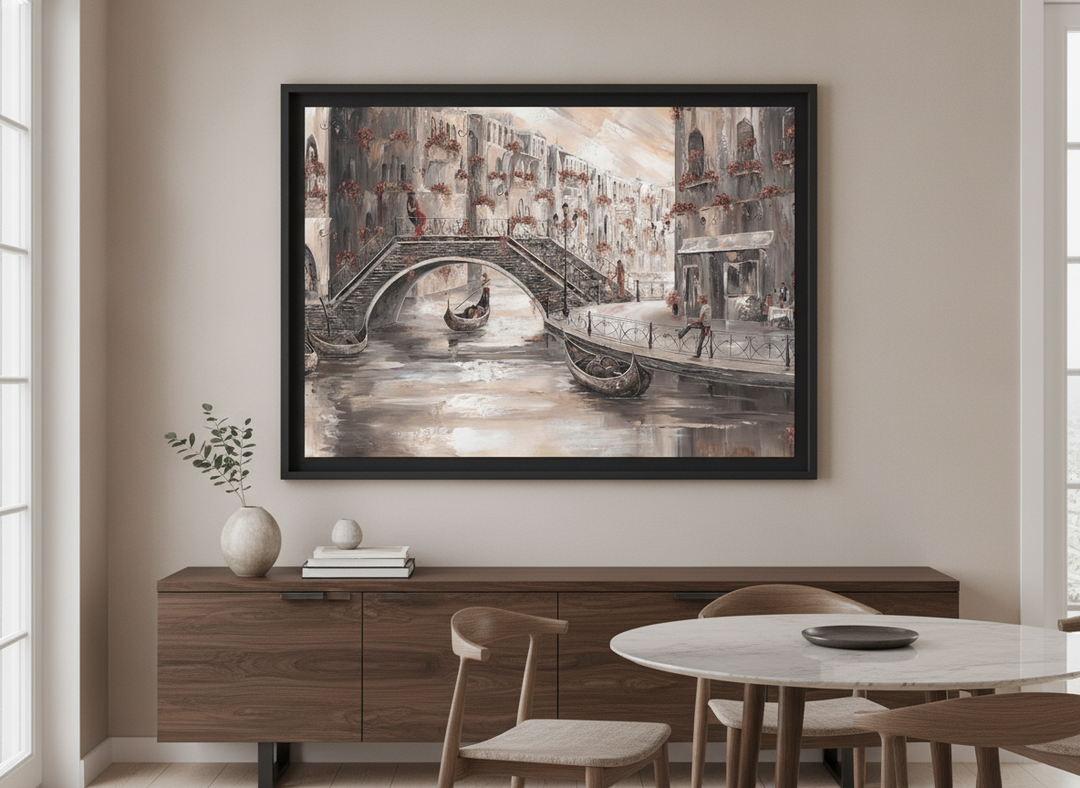 Wall art styled above a dining table in a contemporary home