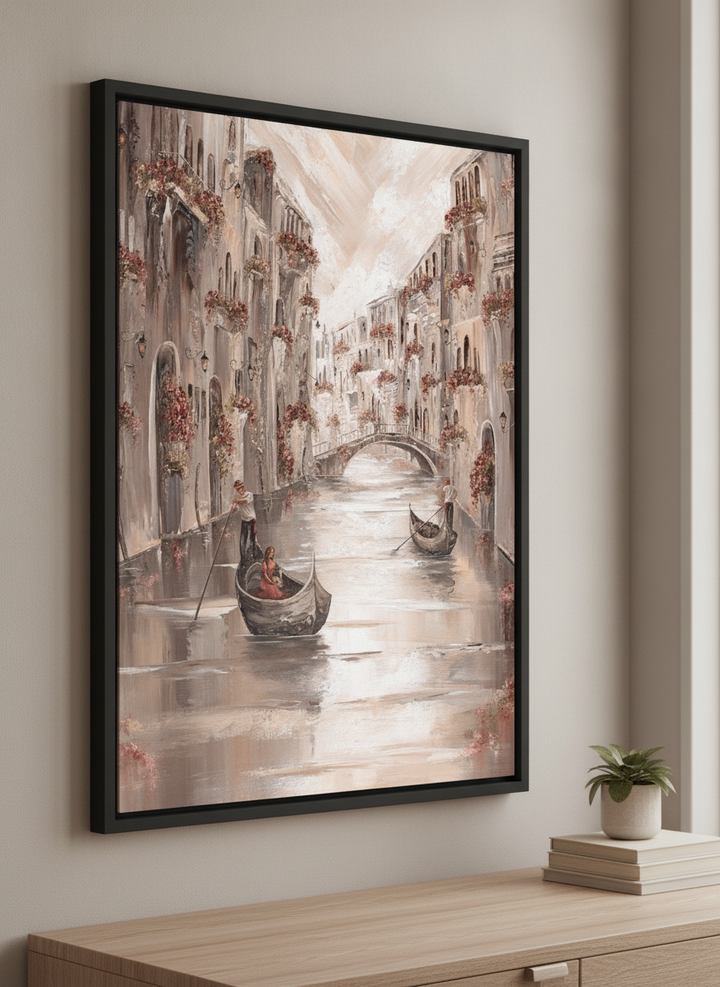 Minimalist artwork displayed in a calm, light-filled bedroom interior