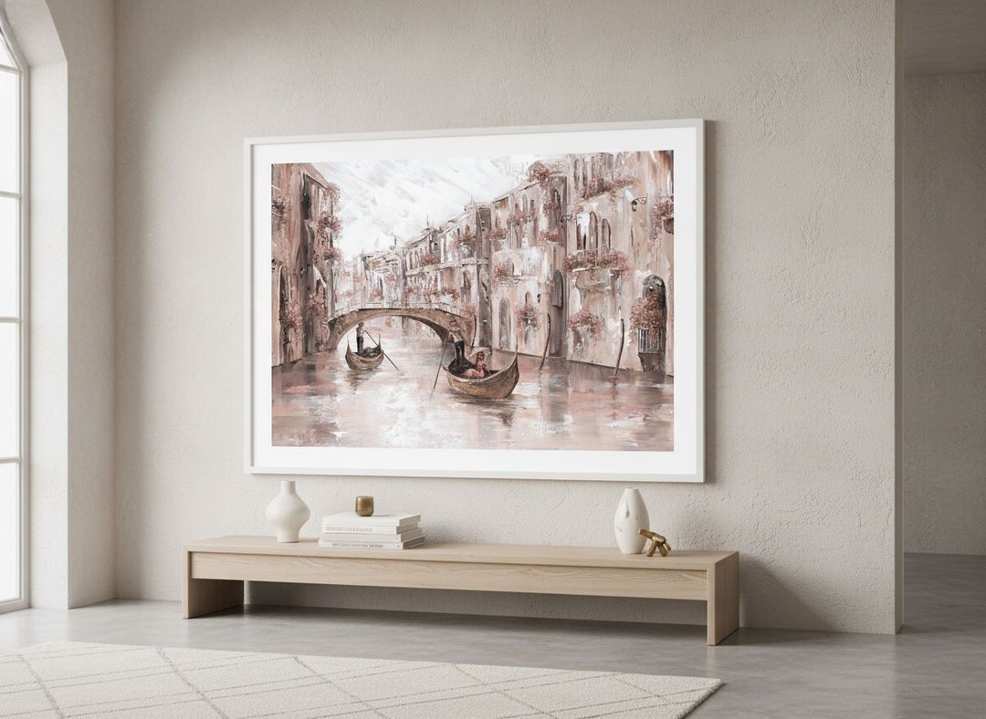 Monumental artwork centred on a feature wall in a luxe interior