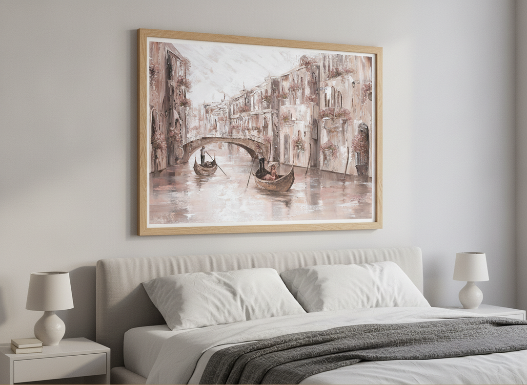 Minimalist artwork displayed in a calm, light-filled bedroom interior