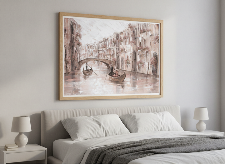Minimalist artwork displayed in a calm, light-filled bedroom interior