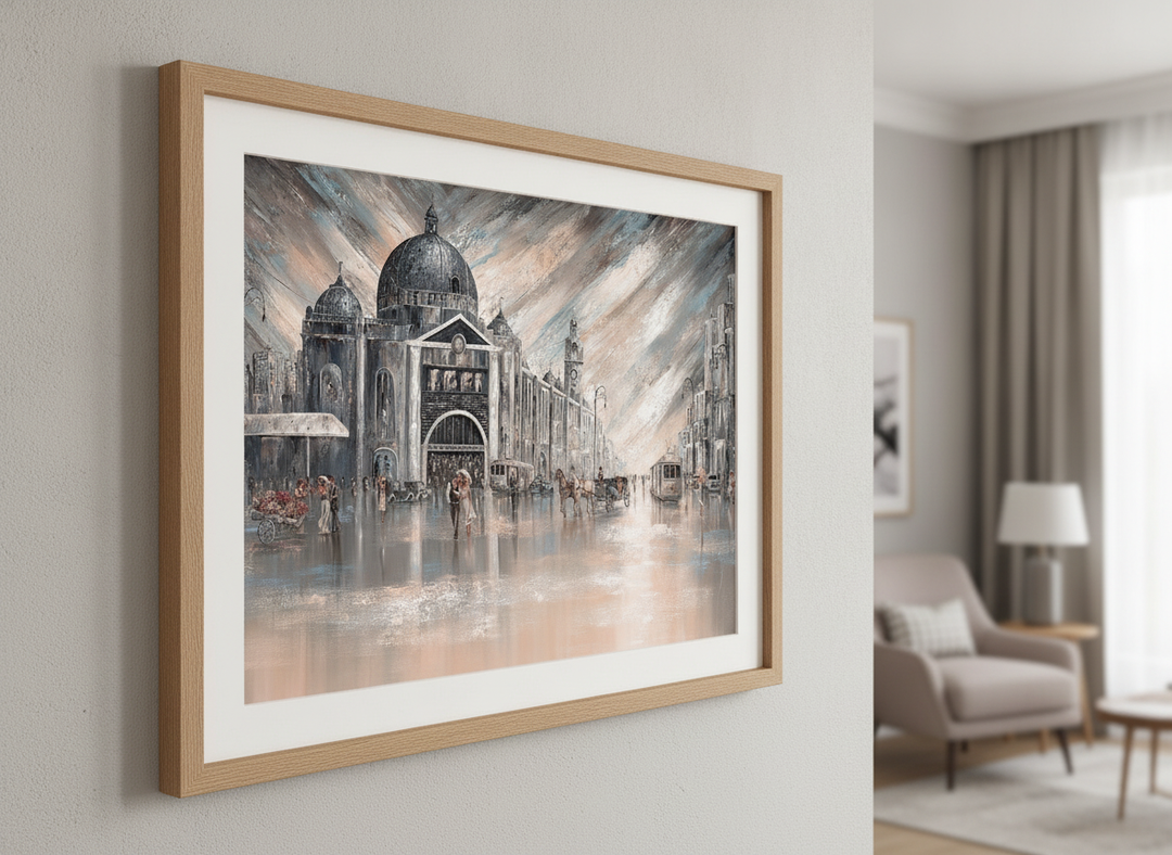 Modern wall art styled above a sofa in a neutral living room