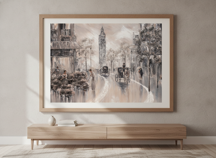 Modern wall art styled above a sofa in a neutral living room