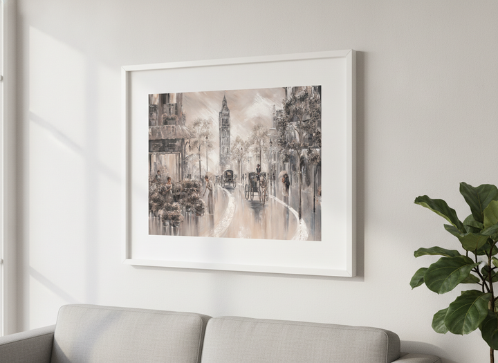Modern wall art styled above a sofa in a neutral living room