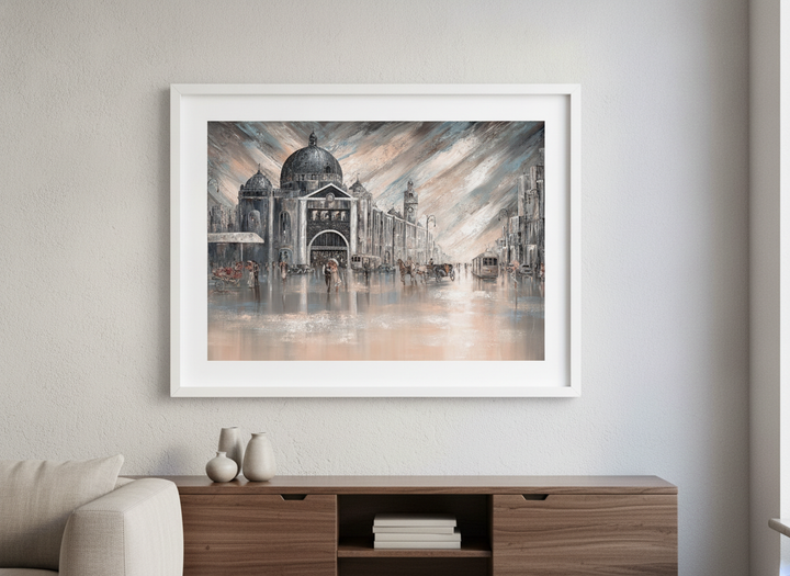Artwork displayed above a credenza in a real-looking contemporary home