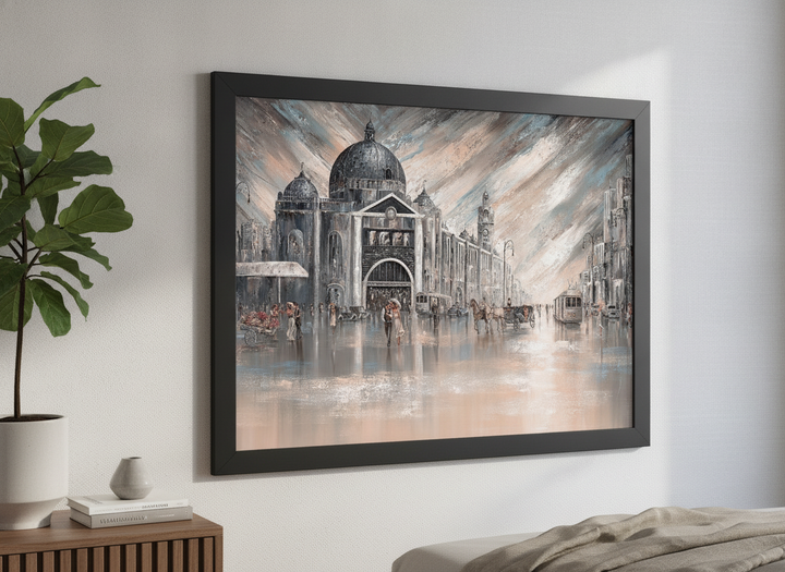 Minimalist artwork displayed in a calm, light-filled bedroom interior