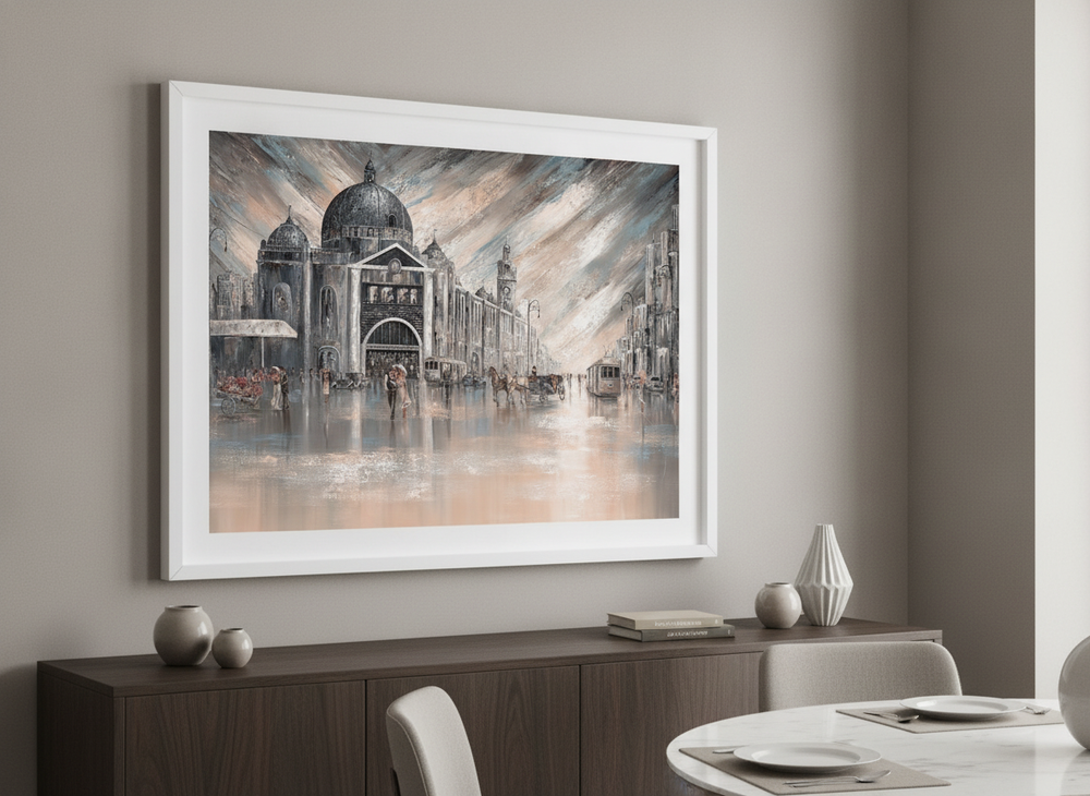 Wall art styled above a dining table in a contemporary home