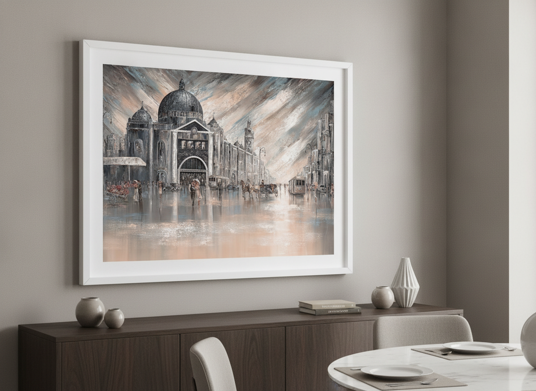 Wall art styled above a dining table in a contemporary home