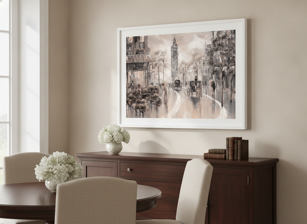 Wall art styled above a dining table in a contemporary home