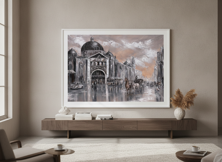 Monumental artwork centred on a feature wall in a luxe interior