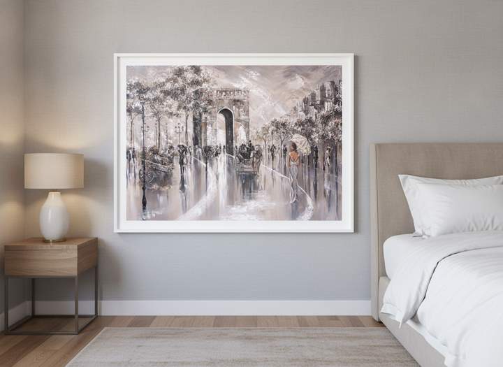 Minimalist artwork displayed in a calm, light-filled bedroom interior