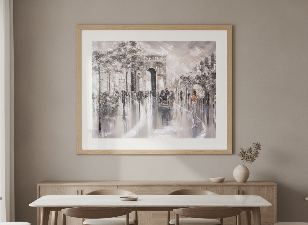 Wall art styled above a dining table in a contemporary home