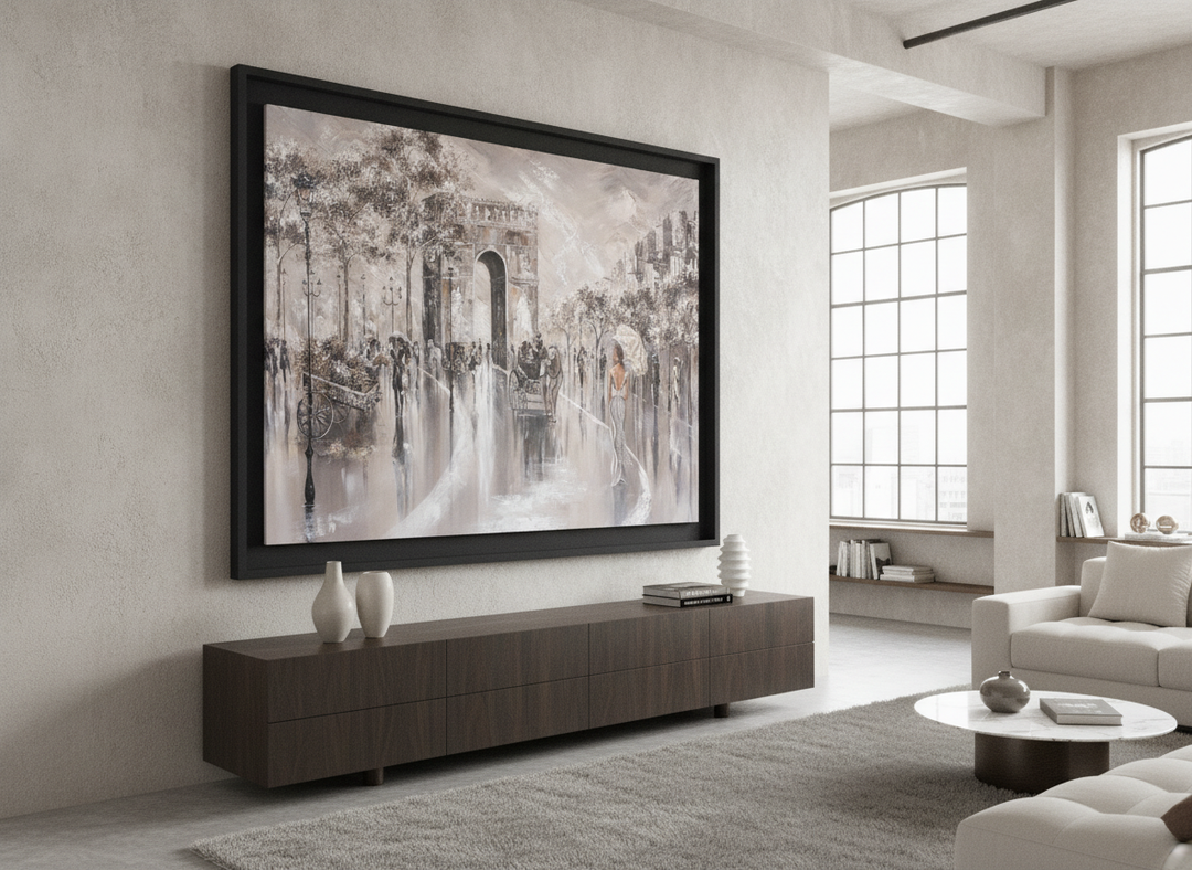 Monumental artwork centred on a feature wall in a luxe interior