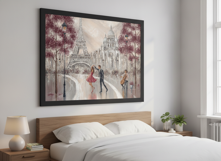 Minimalist artwork displayed in a calm, light-filled bedroom interior