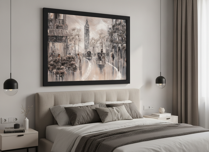 Minimalist artwork displayed in a calm, light-filled bedroom interior