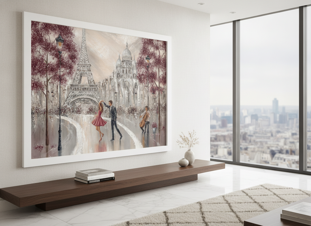 Monumental artwork centred on a feature wall in a luxe interior
