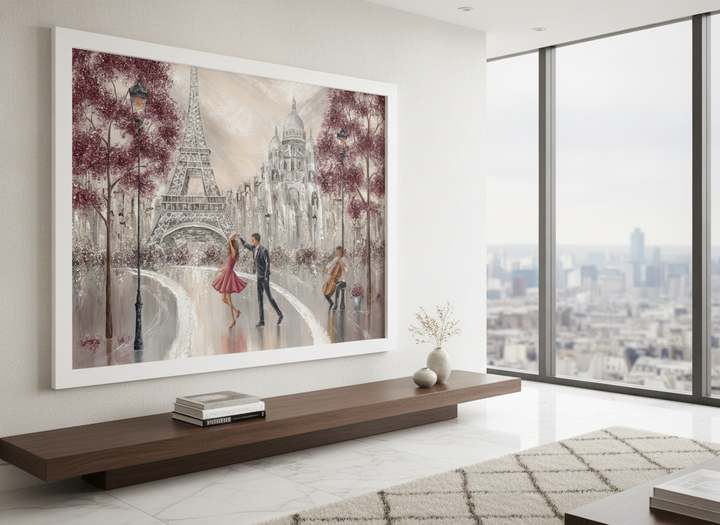 Monumental artwork centred on a feature wall in a luxe interior