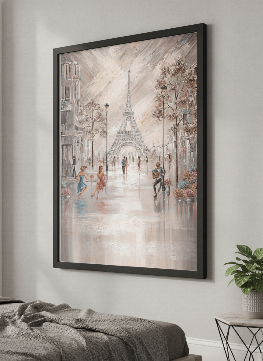 Minimalist artwork displayed in a calm, light-filled bedroom interior