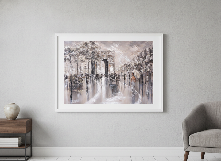 Modern wall art styled above a sofa in a neutral living room