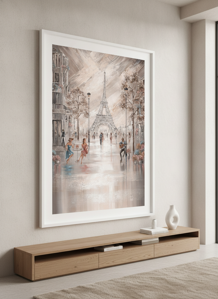 Monumental artwork centred on a feature wall in a luxe interior