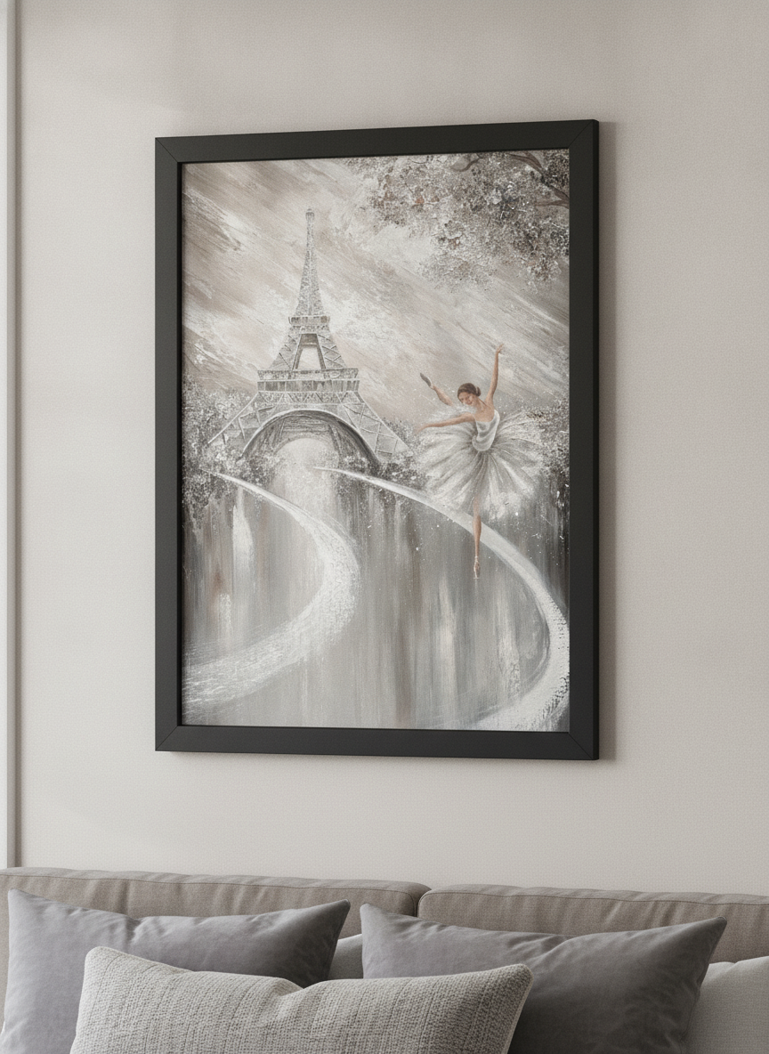 Minimalist artwork displayed in a calm, light-filled bedroom interior