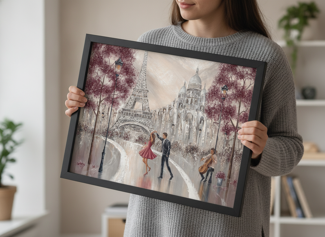 Person showcasing the artwork against a clean modern interior wall