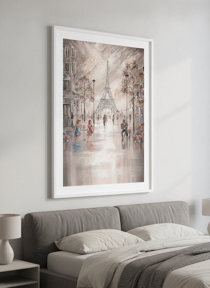 Minimalist artwork displayed in a calm, light-filled bedroom interior