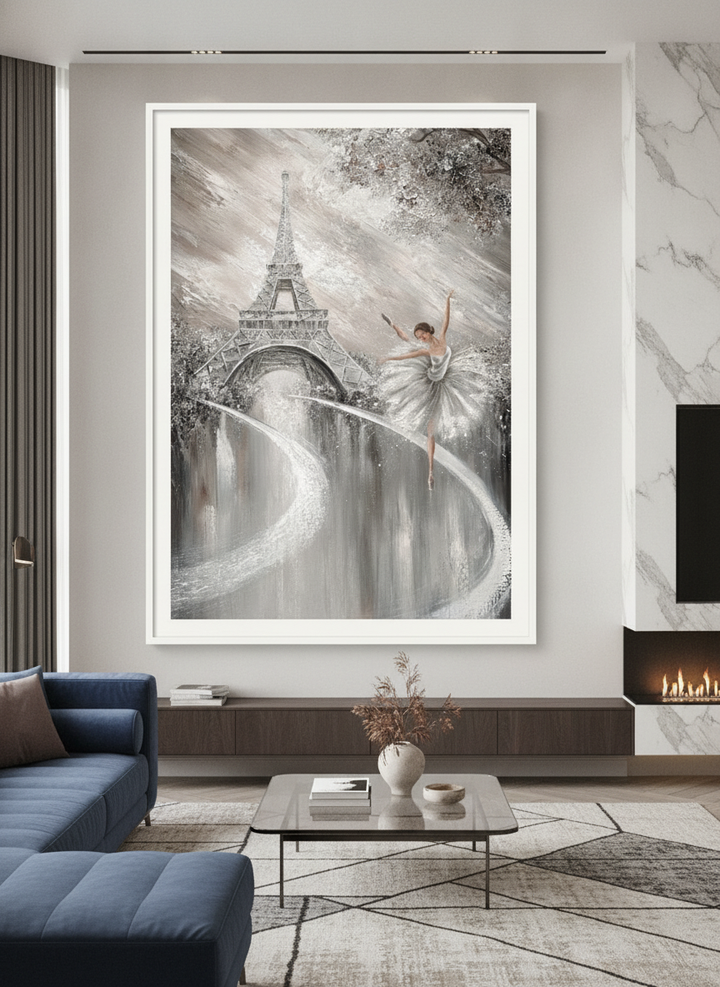 Monumental artwork centred on a feature wall in a luxe interior