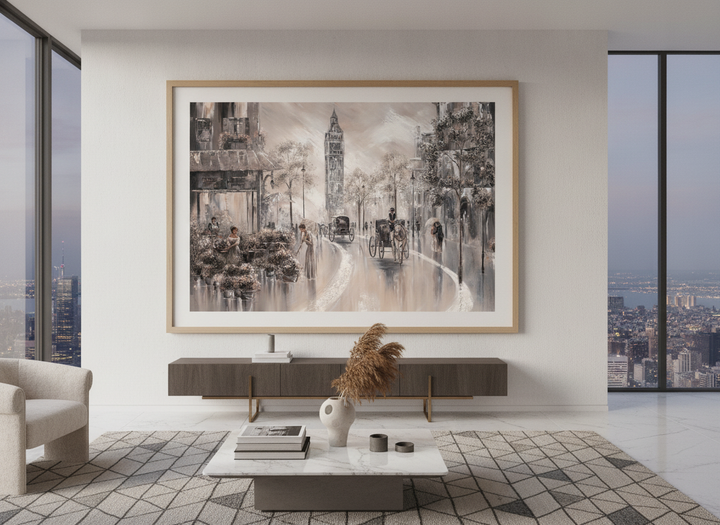 Monumental artwork centred on a feature wall in a luxe interior