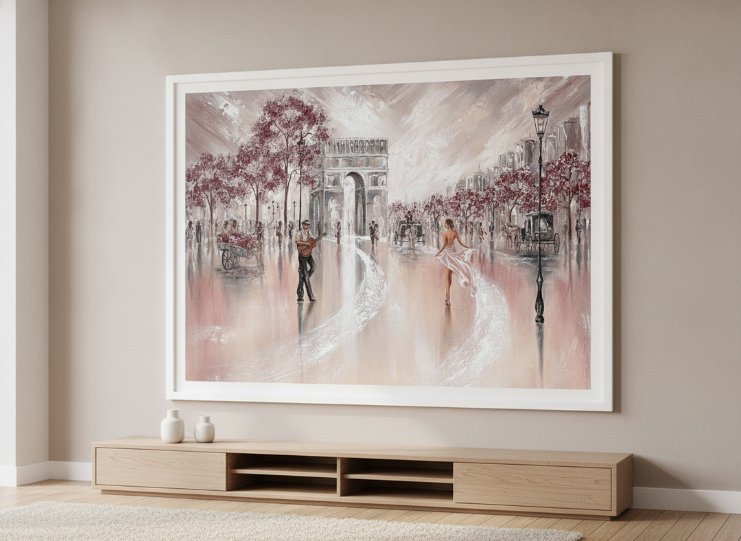 Modern wall art styled above a sofa in a neutral living room