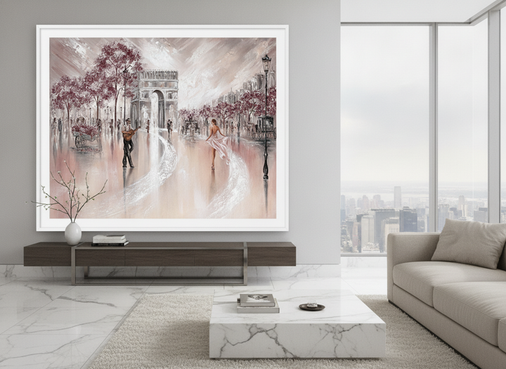 Monumental artwork centred on a feature wall in a luxe interior