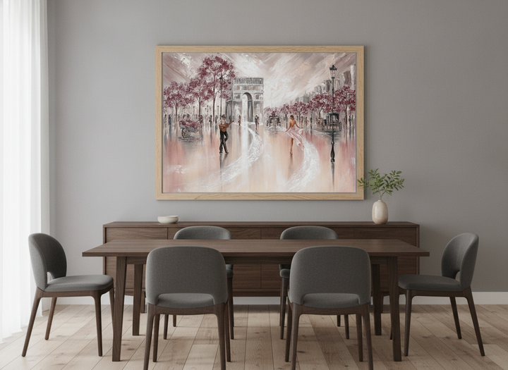 Wall art styled above a dining table in a contemporary home
