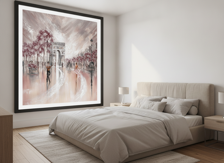 Minimalist artwork displayed in a calm, light-filled bedroom interior