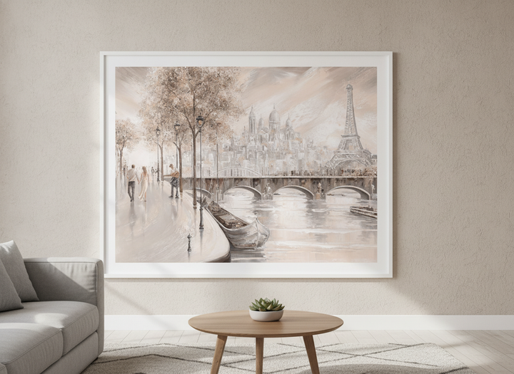 Modern wall art styled above a sofa in a neutral living room