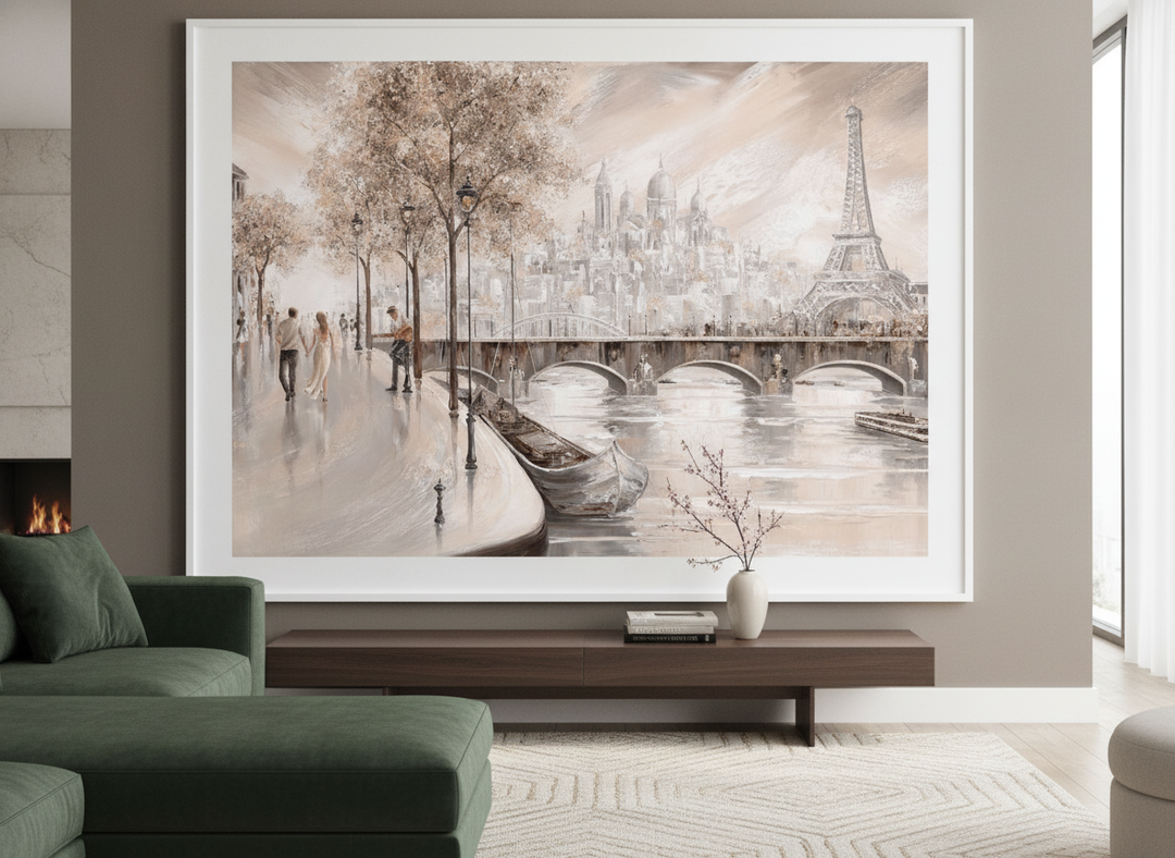 Monumental artwork centred on a feature wall in a luxe interior