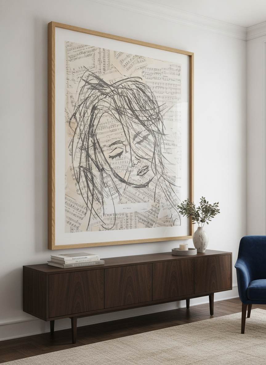 Monumental artwork centred on a feature wall in a luxe interior