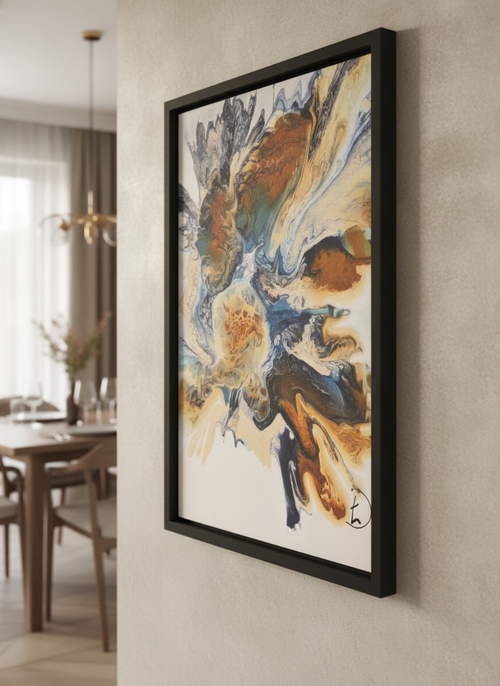 Wall art styled above a dining table in a contemporary home