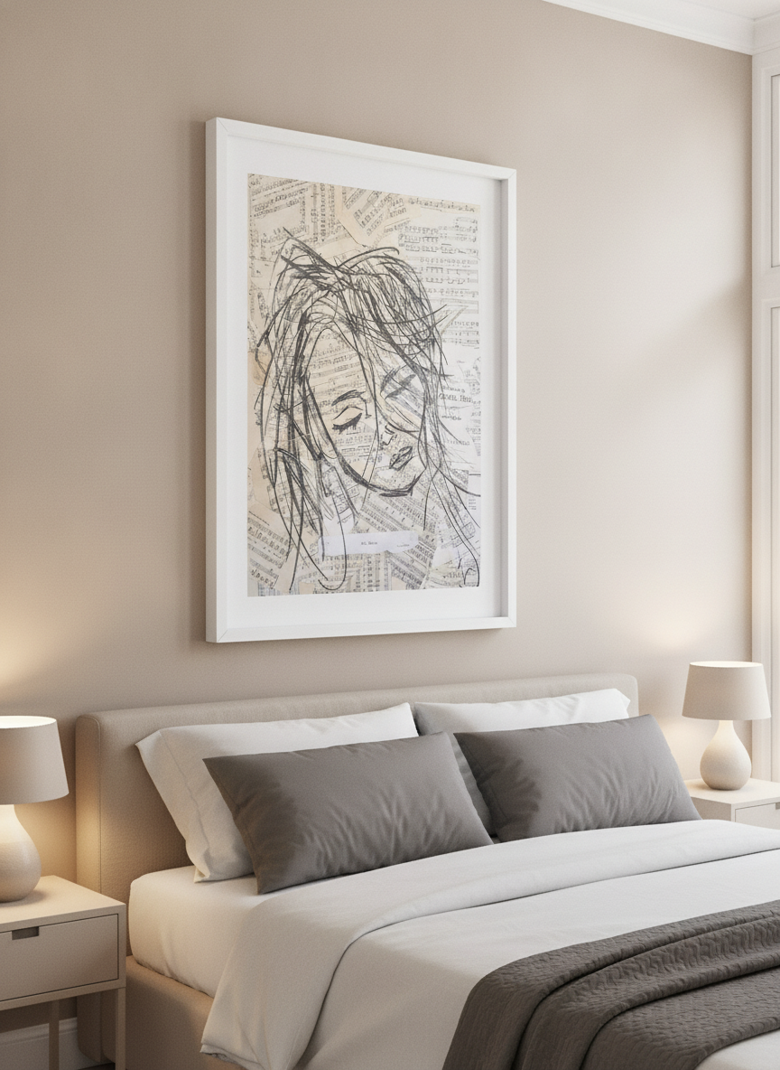 Minimalist artwork displayed in a calm, light-filled bedroom interior