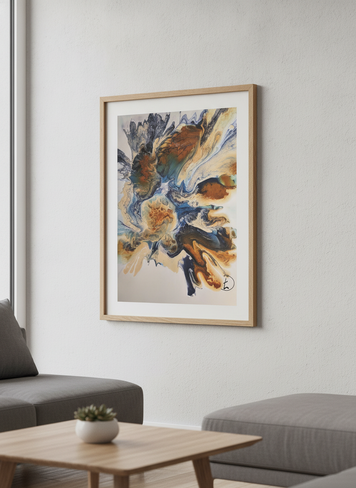 Modern wall art styled above a sofa in a neutral living room