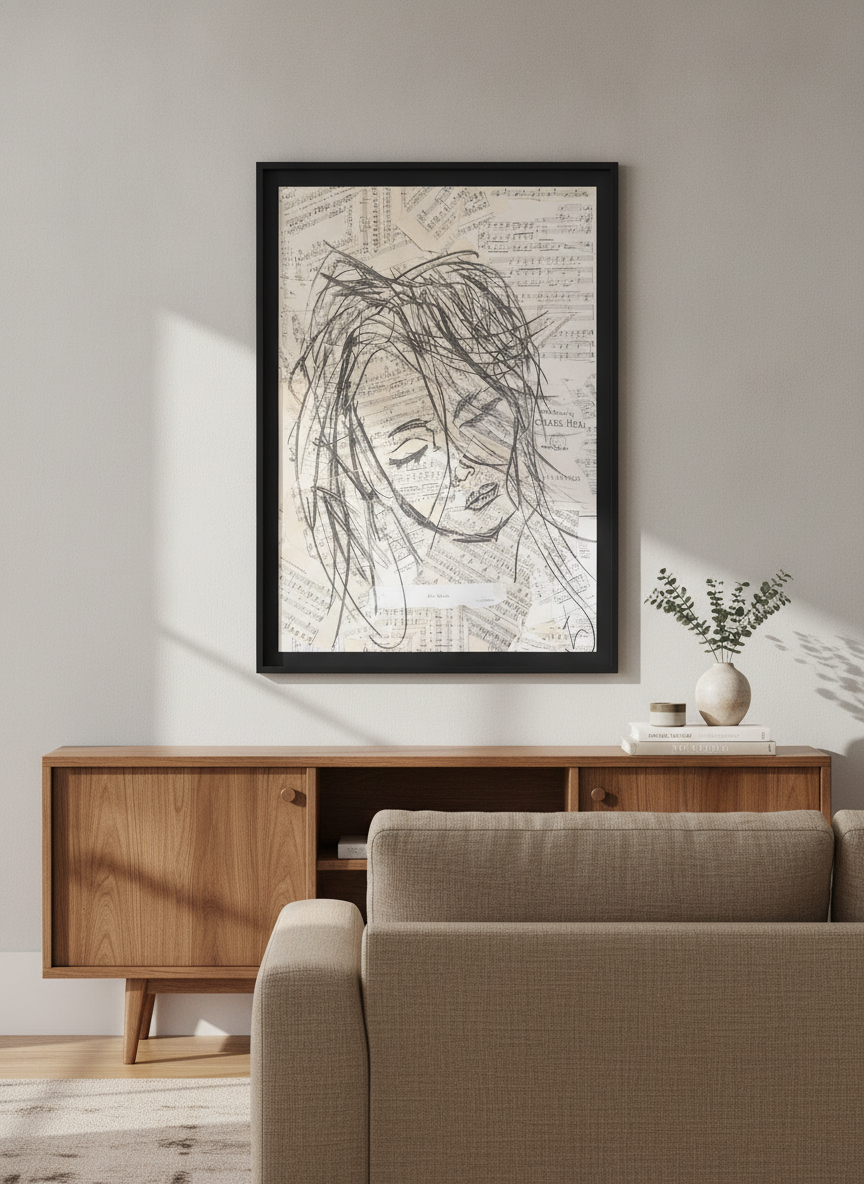 Artwork displayed above a credenza in a real-looking contemporary home