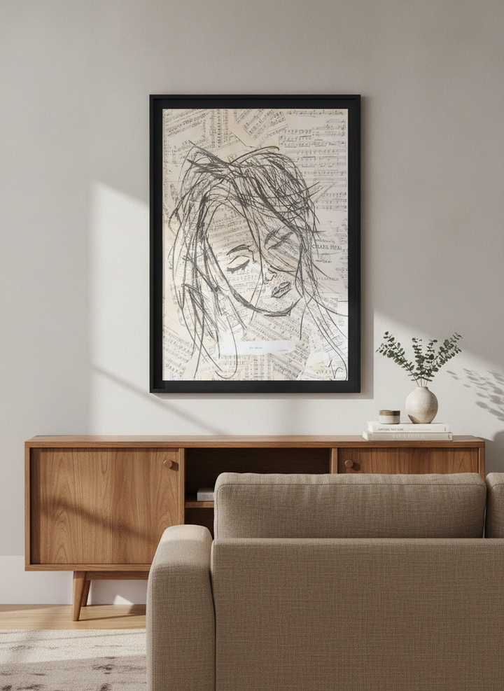 Artwork displayed above a credenza in a real-looking contemporary home