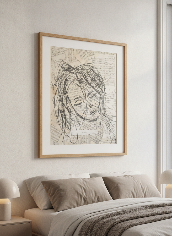 Minimalist artwork displayed in a calm, light-filled bedroom interior